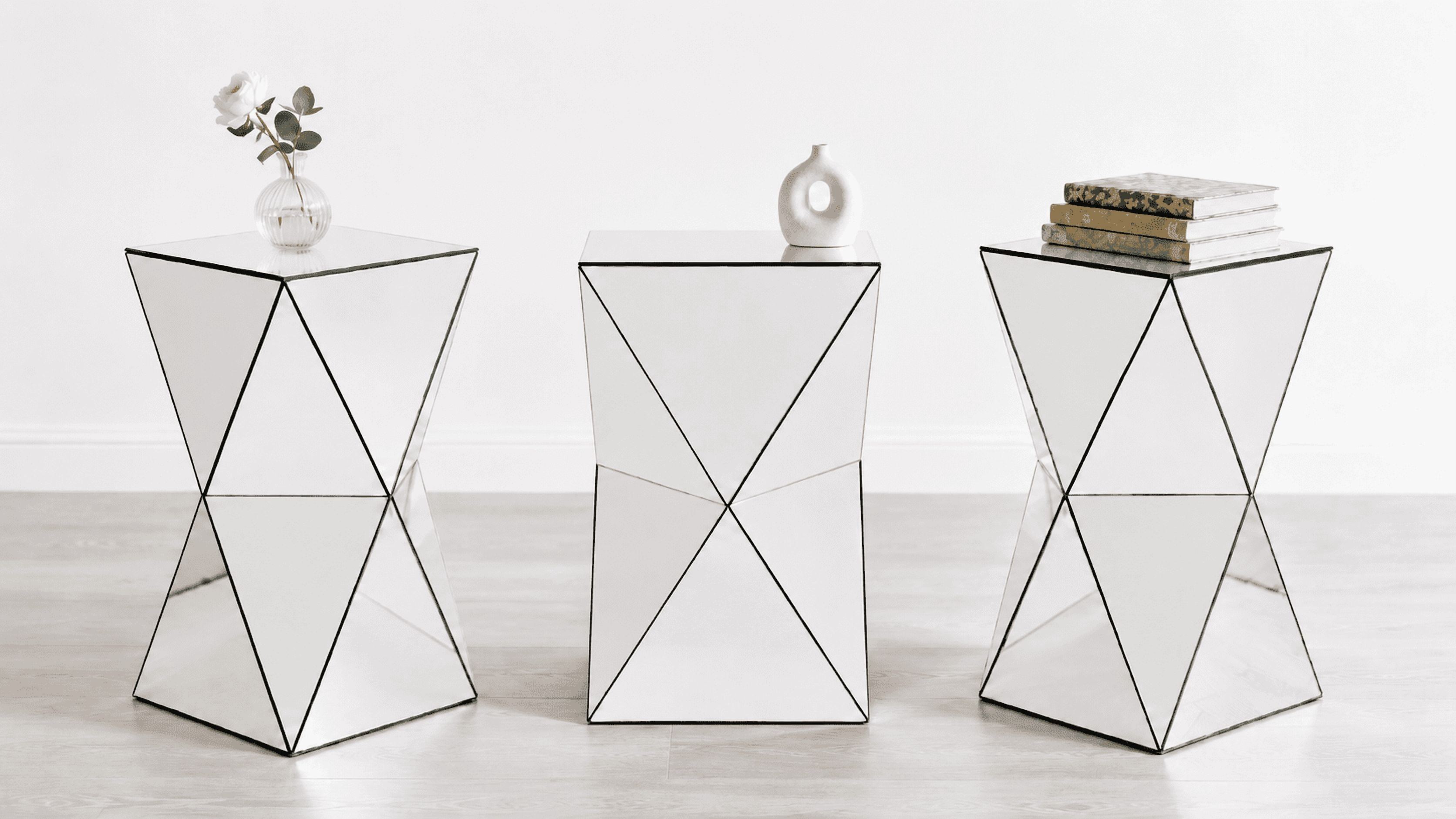 AISWORD Mirrored Side Table,Luxury Geometric End Table,200 lb Capacity,12.6"W x 12.6"D x 21.06"H,Living Room & Bedroom,Silver