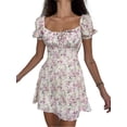 thumbnail image 1 of Coduop Women's Floral Puff Short Sleeve Mini Dress Ruched A Line Short Dresses S-2XL, 1 of 3