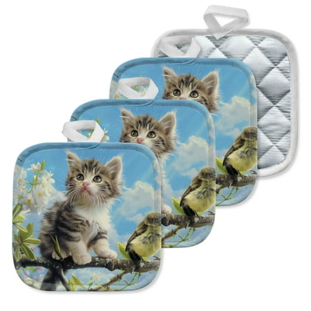 

4 Pack Pot Holders Kitchen Essential Potholder Set Kitten And Bird On A Branch In A Blossoming Scene