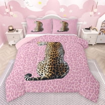 Castle Fairy Animal Cheetah Bedding Comforter Set 2pcs for Boys Girls,Woodland Wildlife Cheetah Twin Comforter Sets Microfiber,Brown Pink Breathable Bedding Set,Breathable Home Decor,Reversible