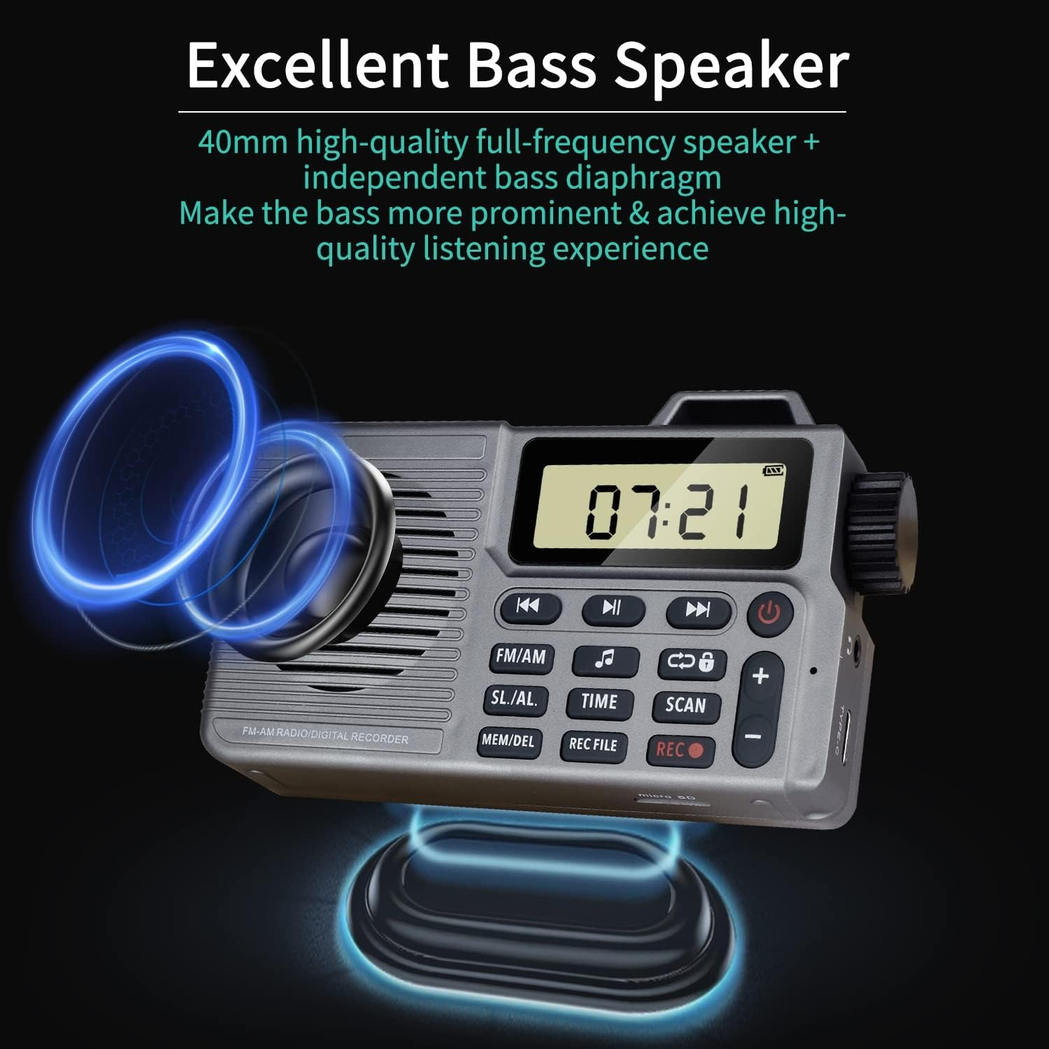 Portable AM/FM Radio with Bluetooth Speaker, Recording, Alarm Clock, and Long Battery Life | Compact Design for Home, Outdoor, and Travel