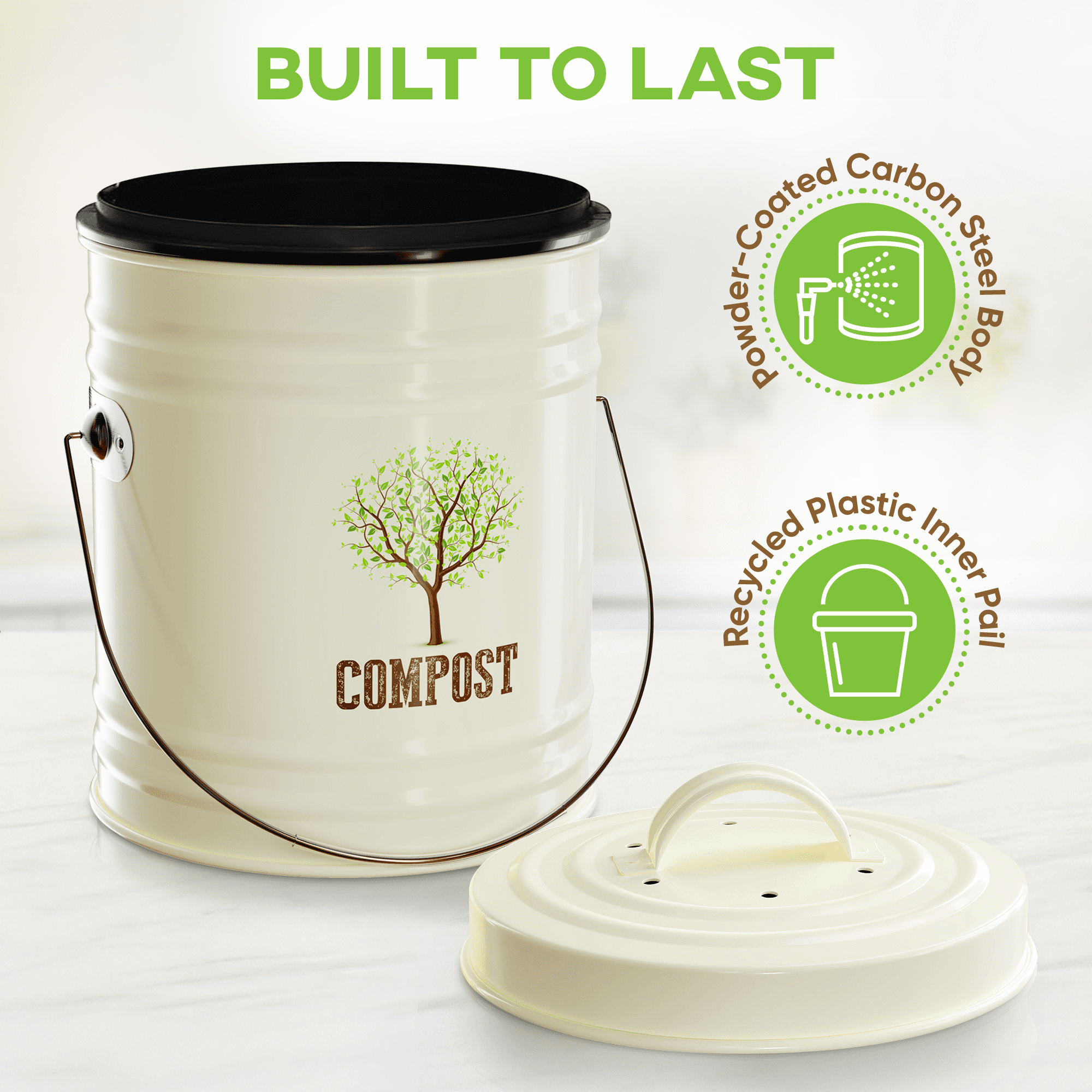 Third Rock Kitchen Compost Bin - 1.3 Gallon Compost Pail with Inner Compost  Bucket Liner - Premium Dual Layer Powder Coated Carbon Steel Countertop