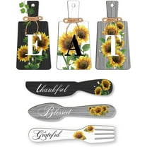 6pcs Sunflower Kitchen Wall Decor Wood Sign Eat Sign Fork Spoon Wall Decor Hanging Plaques Farmhouse Cutting Board Sign with Hemp Rope