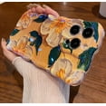 thumbnail image 3 of Case for iPhone 15 Pro Max, Colorful Retro Oil Painting Printed Flower Laser Glossy Pattern Cute Curly Wave Edge Exquisite Phone Cover Stylish Durable TPU Protective Case (Apricot), 3 of 16