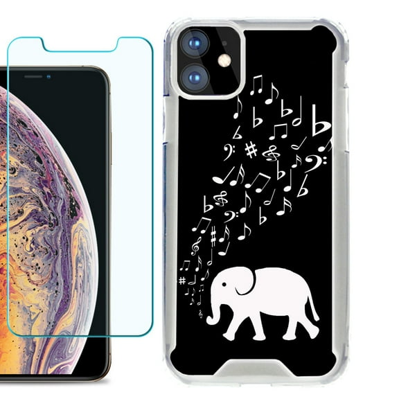 For Apple iPhone 11 Case, Hybrid Bumper Phone Case, with Tempered Glass Screen Protector, by OneToughShield ® - Elephant Music