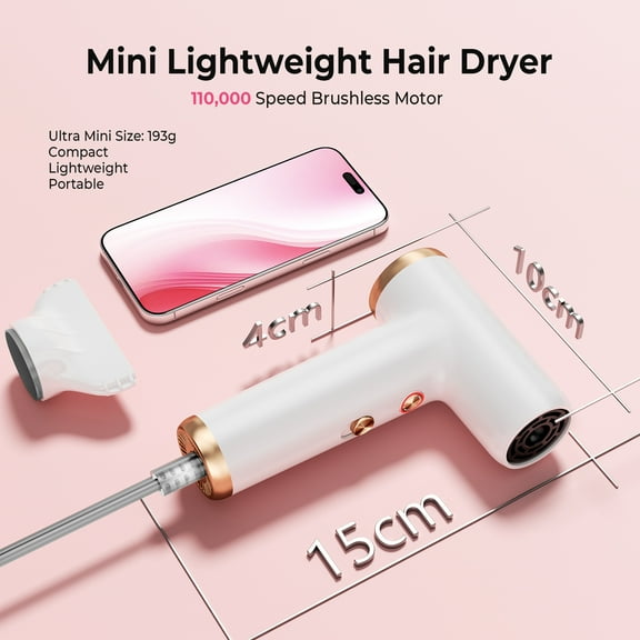 Mini Hair Dryer, High-Speed Portable Blow Dryer with 110,000 RPM Brushless Motor, Ionic Technology for Travel, Lightweight & Compact for Fast, Frizz-Free Drying