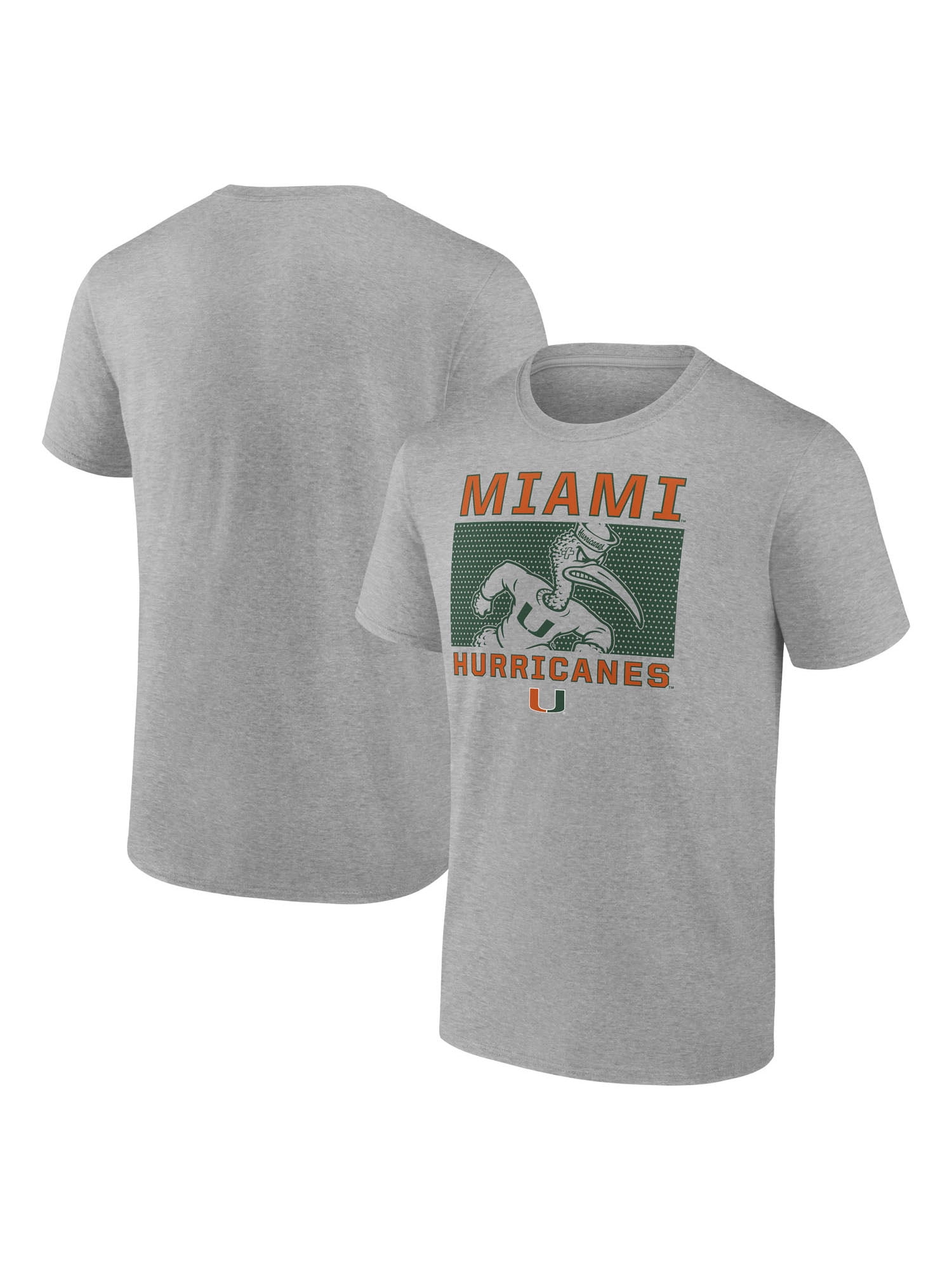 NCAA Miami Hurricanes Men's Heather Gray Cotton Boxed Mascot Short Sleeve T Shirt