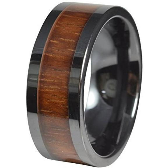Koa Wood Mens Wedding Band Black Ceramic 9mm Comfort Fit Flat Top (10)