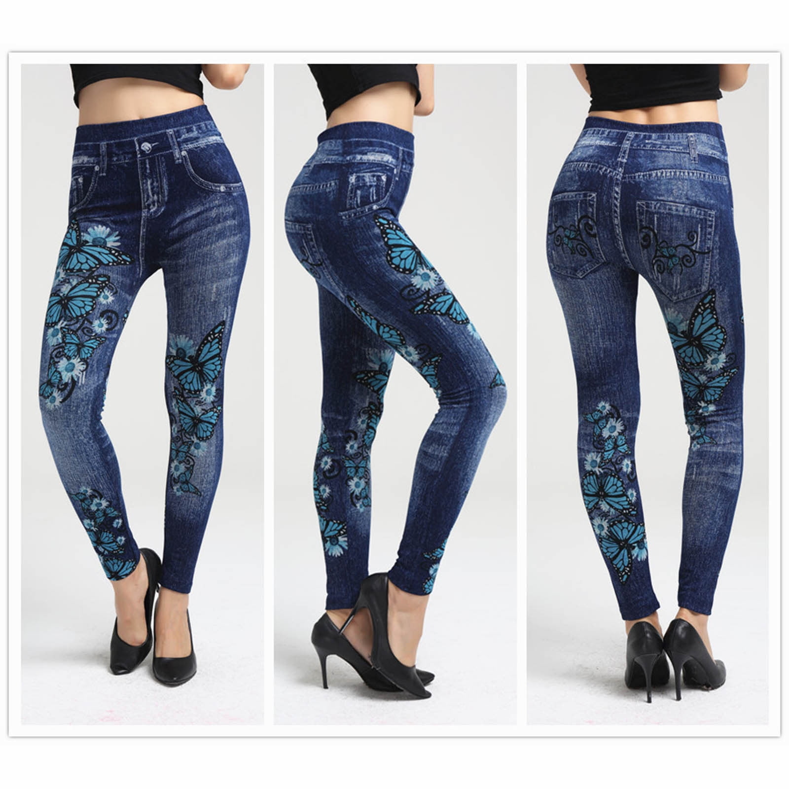 Pants de PEZHADA Femmes Leggings de Mode Femmes Imitation Denim Papillon Super Elastique Hanche Levage Leggings Long Pants Pantalon Long Leggings Long Long Jean Bleu S Walmart