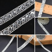 Geege 3.28Ft Silver Rhinestone Ribbon Beaded Iron On Applique Trim Bridal Embellishments