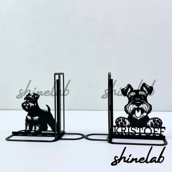Shinelab Miniature Schnauzer Metal Bookends Custom Dog Name Bookend Gift, Desk Bookshelf Animal Decor 6980