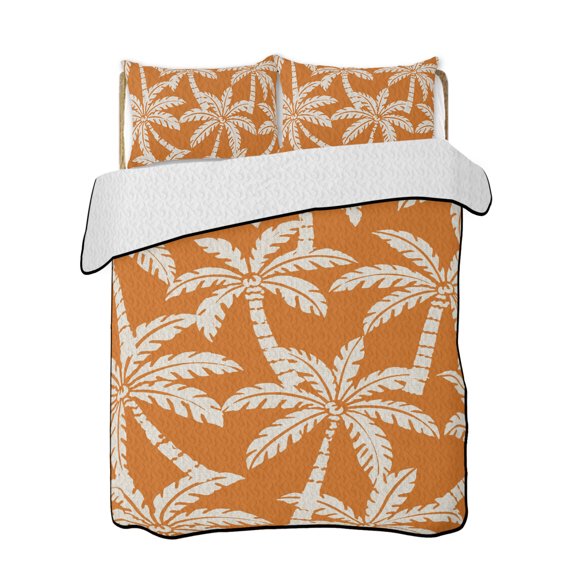 Summer Orange Palms Quilts Bedding Set Twin Size Tropical Coastal Country Coconut Tree Silhouette Lightweight Quilted Bedspread 3 Piece Bed Quilt with 2 Pillow Shams All Season for Bedroom 68" x 86"