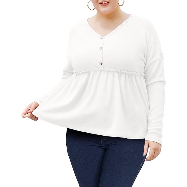 Womens Long Sleeve L-5X Plus Size Waffle Knit Tunic Tops Button Up V Neck Loose Fit Henley Tshirt