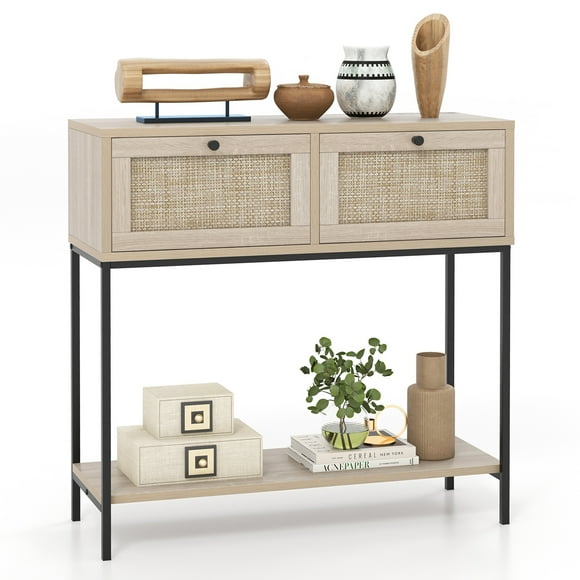 Gymax Console Table Entryway Table Long Sofa Side Table w/ Open Shelf & Rattan Drawers
