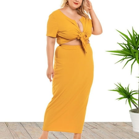 

Dress Saving Clearance! YOHOME Summer Dresses for Women Women s Fashion Plus Size Solid Colour Sexy Chest Strap Two-Piece Top + Bustier Skirt Yellow XL