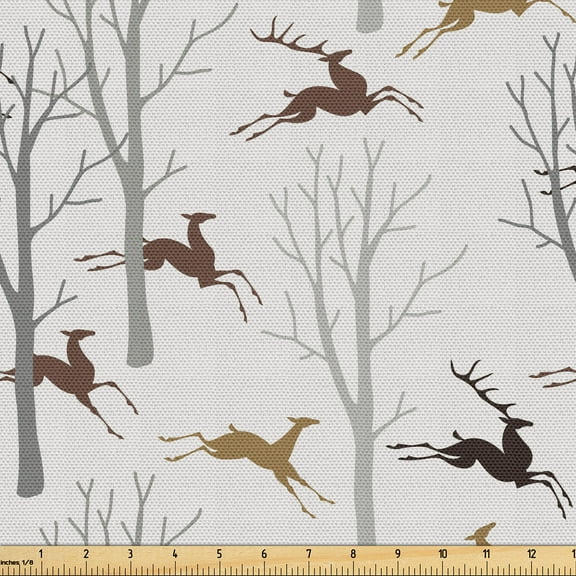 Ambesonne Forest Fabric by the Yard Upholstery, Earthy Colors Deer Trees Art, 1 Yard, Brown Eggshell and Pale Grey