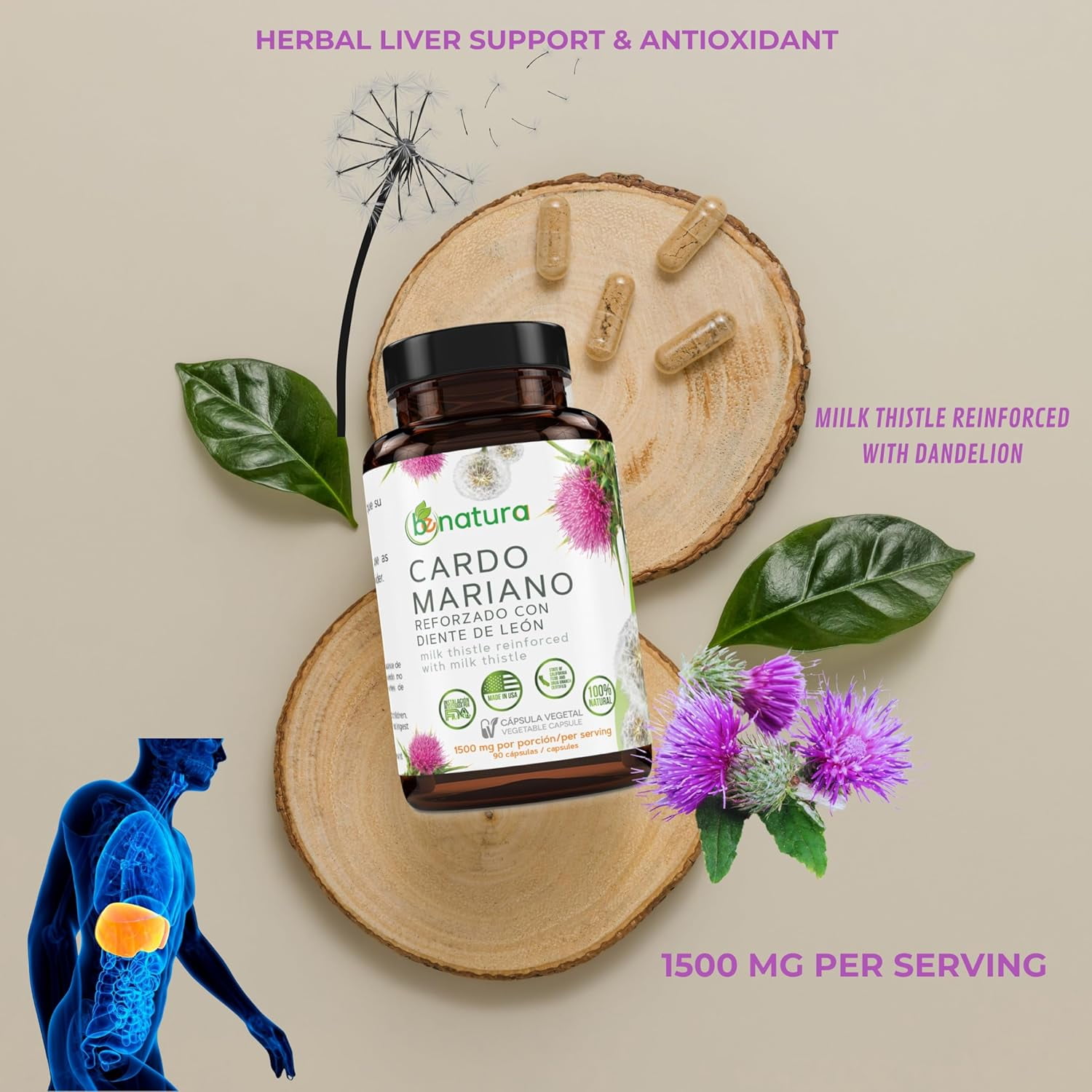Cardo Mariano reforzado con diente Leon (Milk Thistle Reinforced with Milk Thistle) 90 Vegetable Capsule 1500 mg per Serving, Root Liver Health Support, Antioxidant Support, 100% Natural, Made in USA