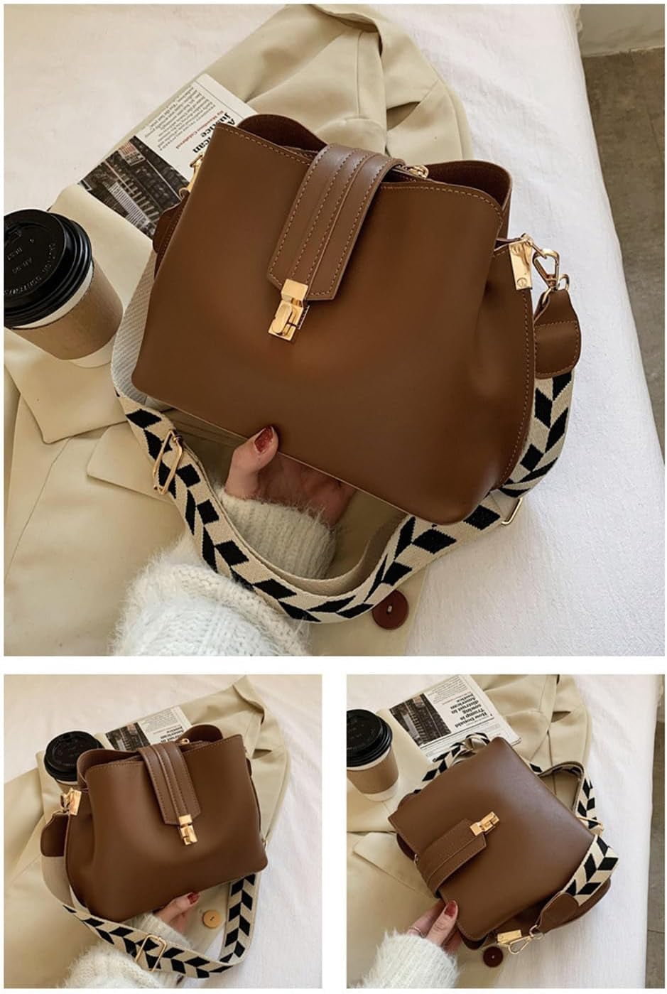 Leather Bucket Bags and Purses for Women Hobo Crossbody Bucket Handbag with Guitar Strap Casual Hobo Shoulder Bag