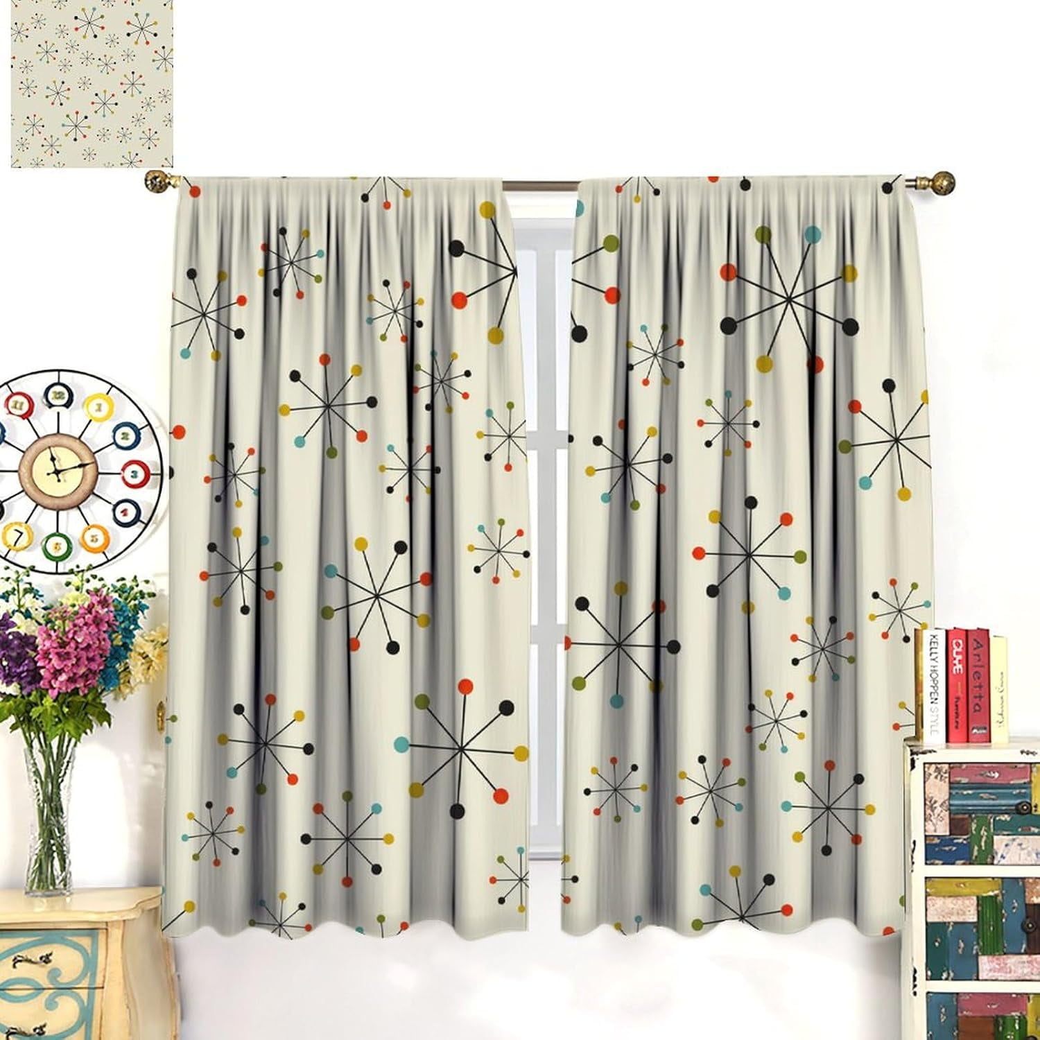 Mid Century Blackout Curtains, 60s Geometric Vintage Mid Century Abstract Modern Pattern Window Treatments for Bedroom Living Room Kitchen Rod Pocket Curtains42X63 Inch