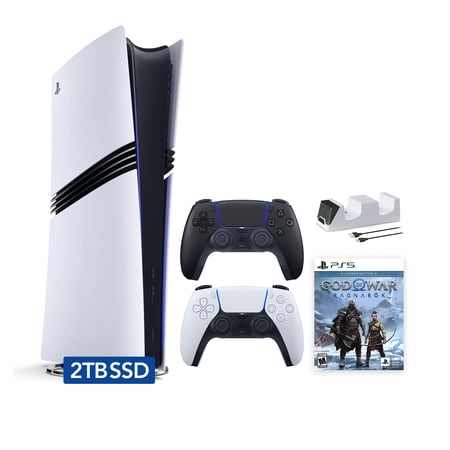 PlayStation 5 Pro 2TB SSD Digital Console God of War Bundle with Two Controllers, White and Midnight Black DualSense and Mytrix Dual Controller Charger - Flagship PS5 Pro Console