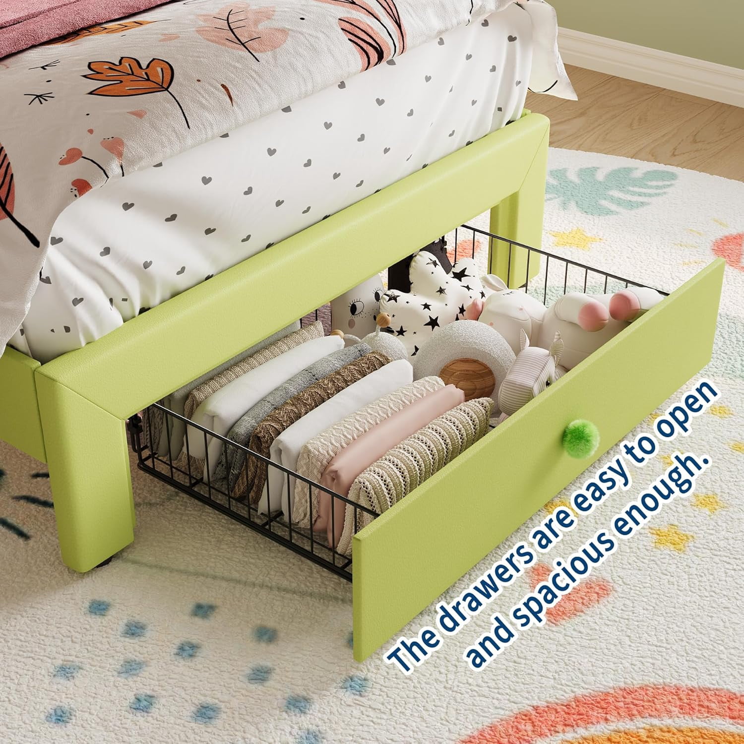 Twin Size Bed Frame with LED Lights & Velvet Upholstered Girls Platform Bed with Storage Drawers,No Box Spring Needed,Easy Assembly, Noise Free,Green