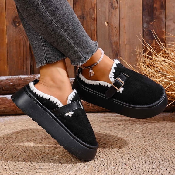 OKBOP Womens Warm Plush Flats Shoes Round Toe Comfortable Buckle Strap Winter Work Shoes
