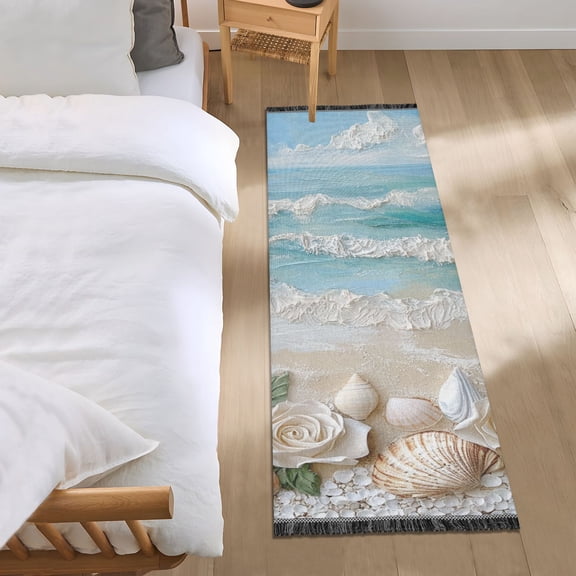Roses Starfish Shells Beach Oil Painting Bedside Runner Rug 2'x 6' Non Slip Carpet Floor Mat Area Rug