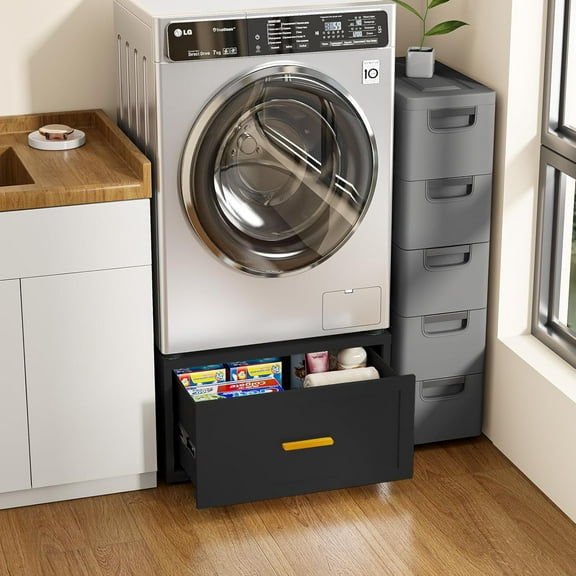 16" H|28" Universal Laundry Pedestal, 440LBS Metal Heavy Duty Washer and Dryer Pedestals, Washer Dryer Stand with Drawer, Washing Machine Base with Anti-Vibration Mats, Fridge Stand(Black)