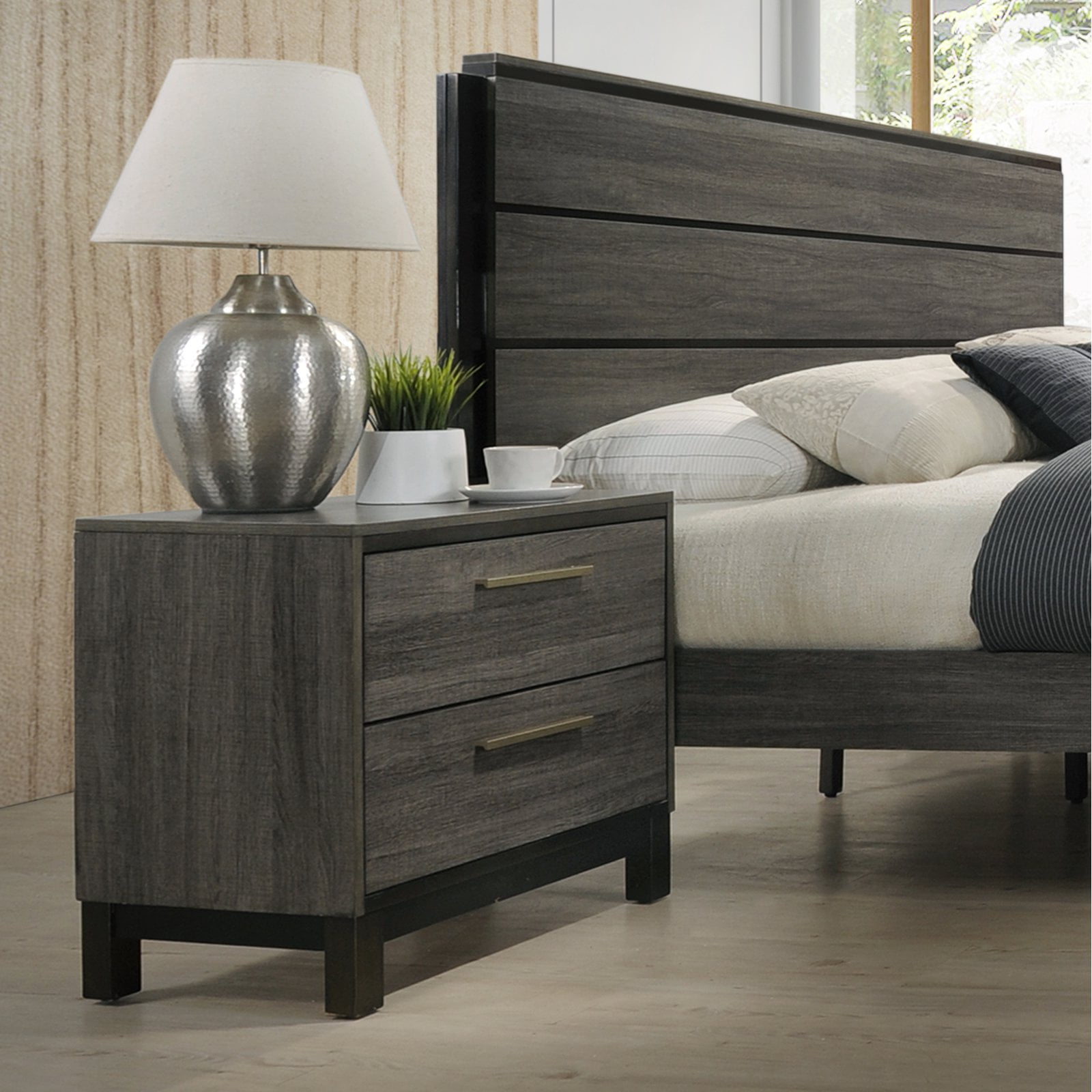 Antique Grey Roundhill Furniture B187N Loana Wood 2-Drawer Nightstand