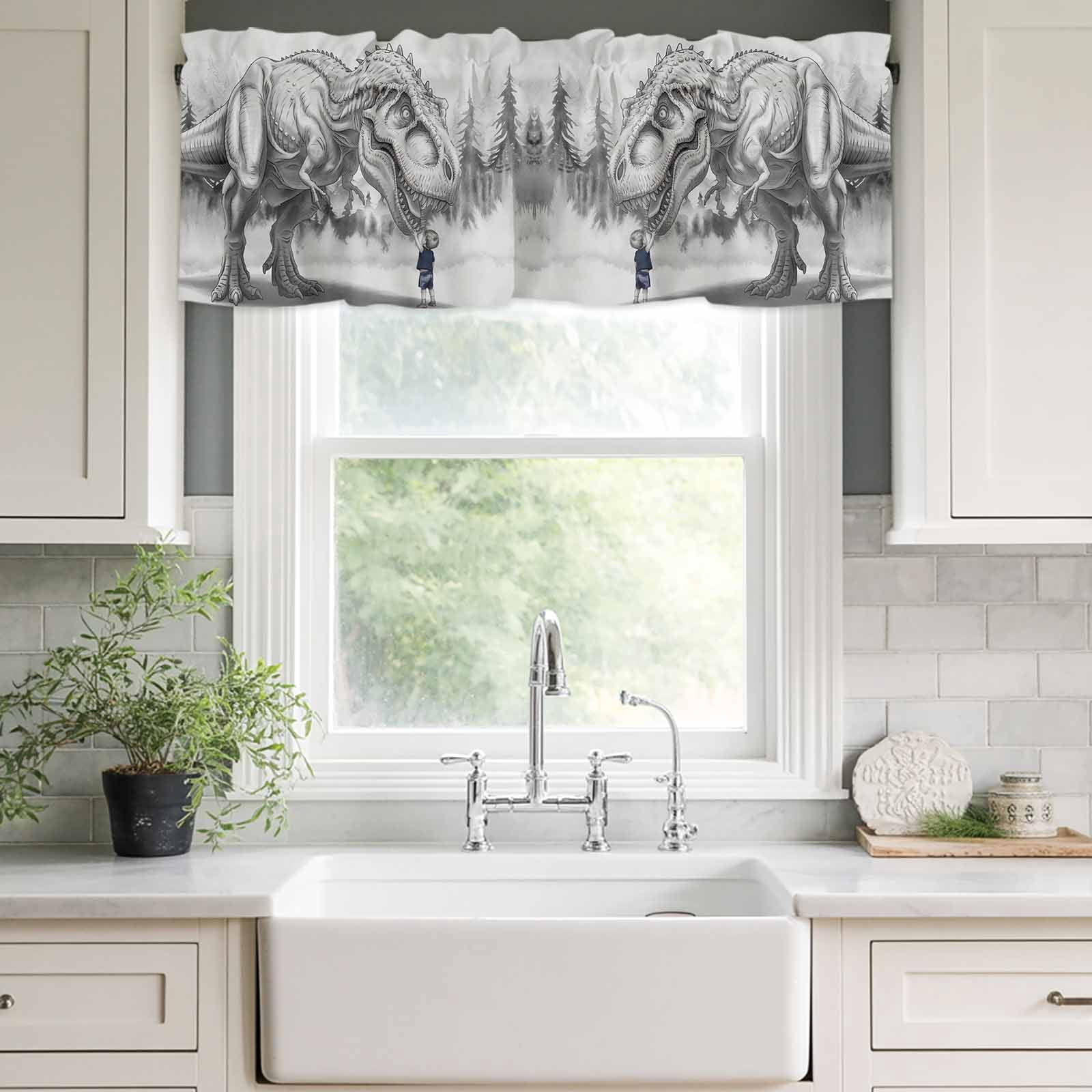 Dinosaurs Boy Kitchen Valances for Windows, Gray Funny Cartoon Forest Animals Bathroom Window Valances 60x18 Inch Rod Pocket Window Treatments Valance Curtains for Living Room Bedroom Decor