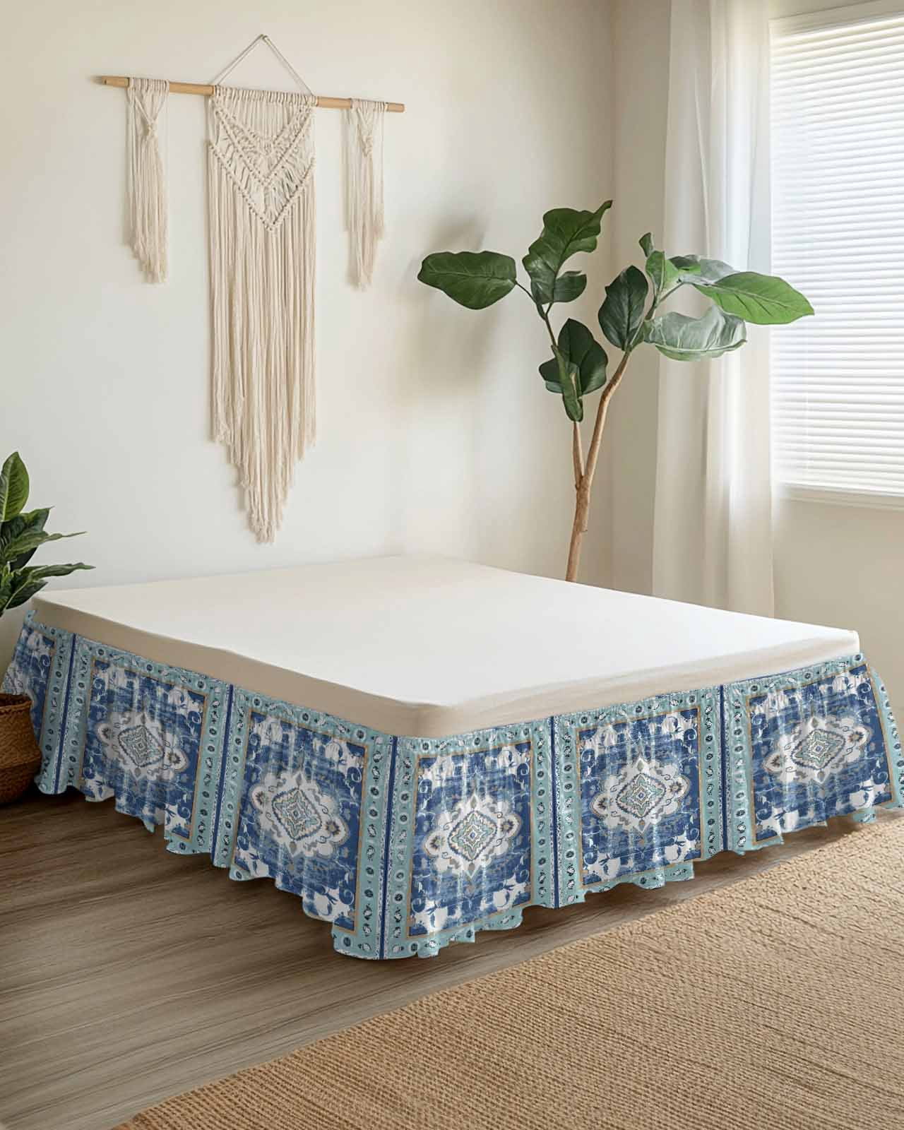 Blue Boho Wrap Around Bed Skirts for King Bed 18" Drop,Bed Skirt with Adjustable Elastic Belt Dust Ruffle Bed Valance for Bedroom Hotel Farmhouse Bohemian Medallion Oriental Flower Bed Frame Cover