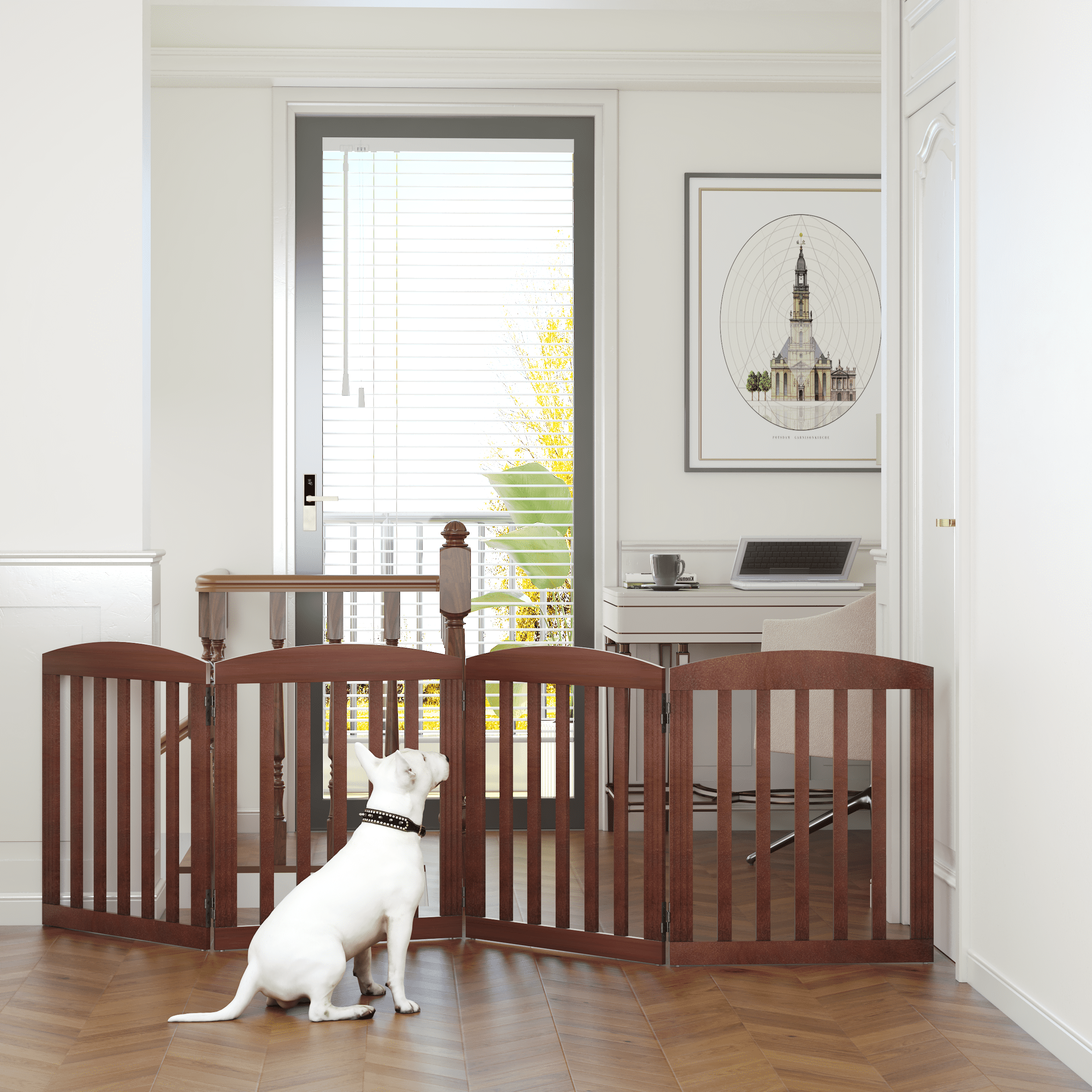 STAROUS 96" Extra Wide 28" Tall Foldable Dog Gates, Wooden Freestanding Pet Gate Indoor, Step Over Puppy Fence, 4 Panels, Brown