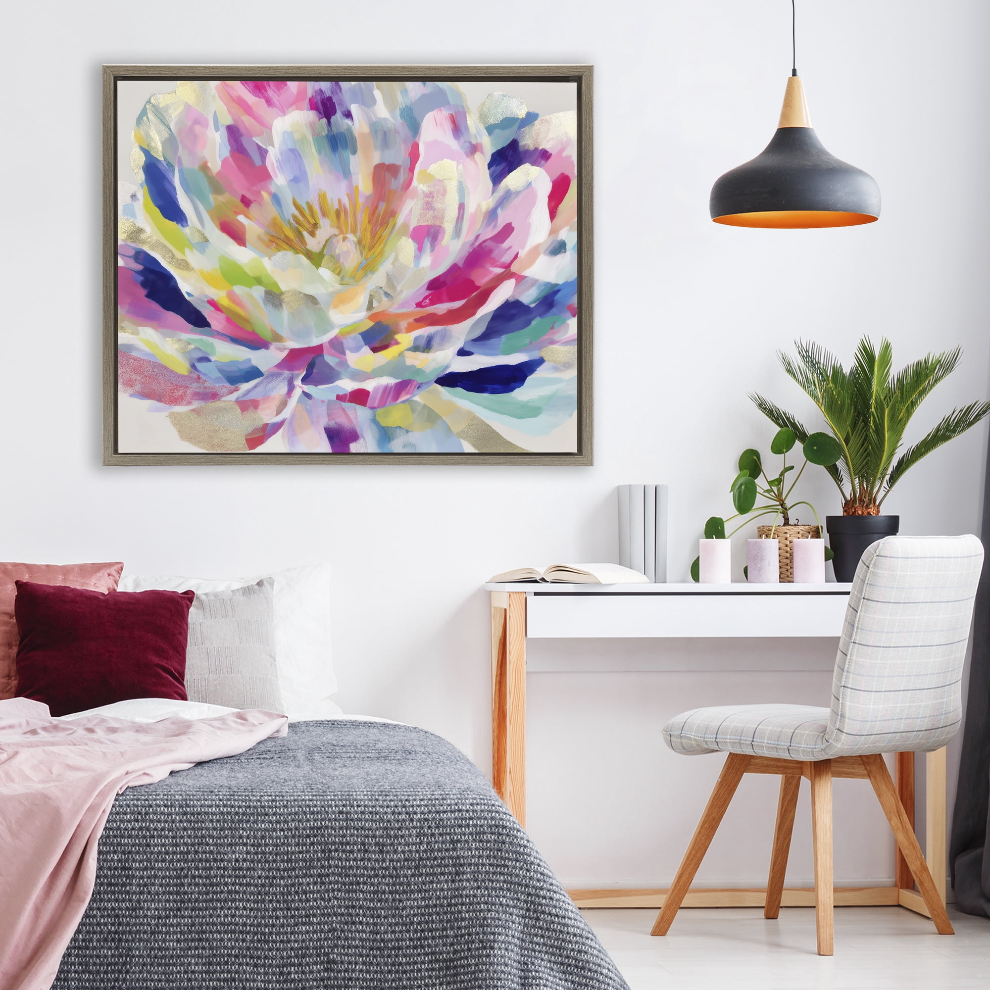 Stupell Industries Dahlia in Pink & Blue Brown Framed Floater Canvas Wall Art, design by Chromatic Storm Studio