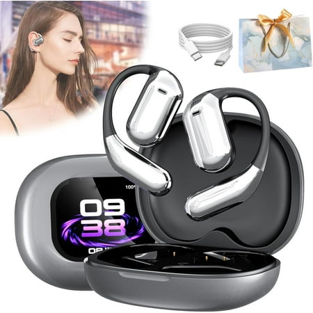 

Summary Headphones Summaryu Headphones True Powerful Bluetooth 5.4 Open Ear Earbuds IPX5 Waterproof Waterproof Intelligent Touch Screen Open Ear Headphones with LED Display (Gray)