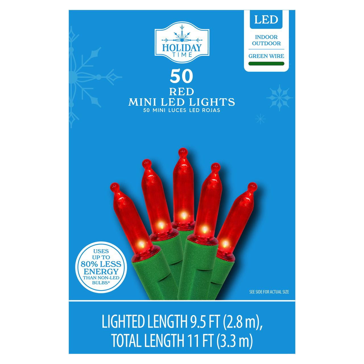 50-Count Red LED Mini Christmas Lights with Green Wire, 11', Holiday Time