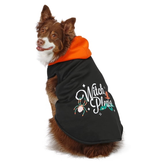 Vibrant Life Halloween Hoodie for Dogs, Witch Please, Orange and Black, L