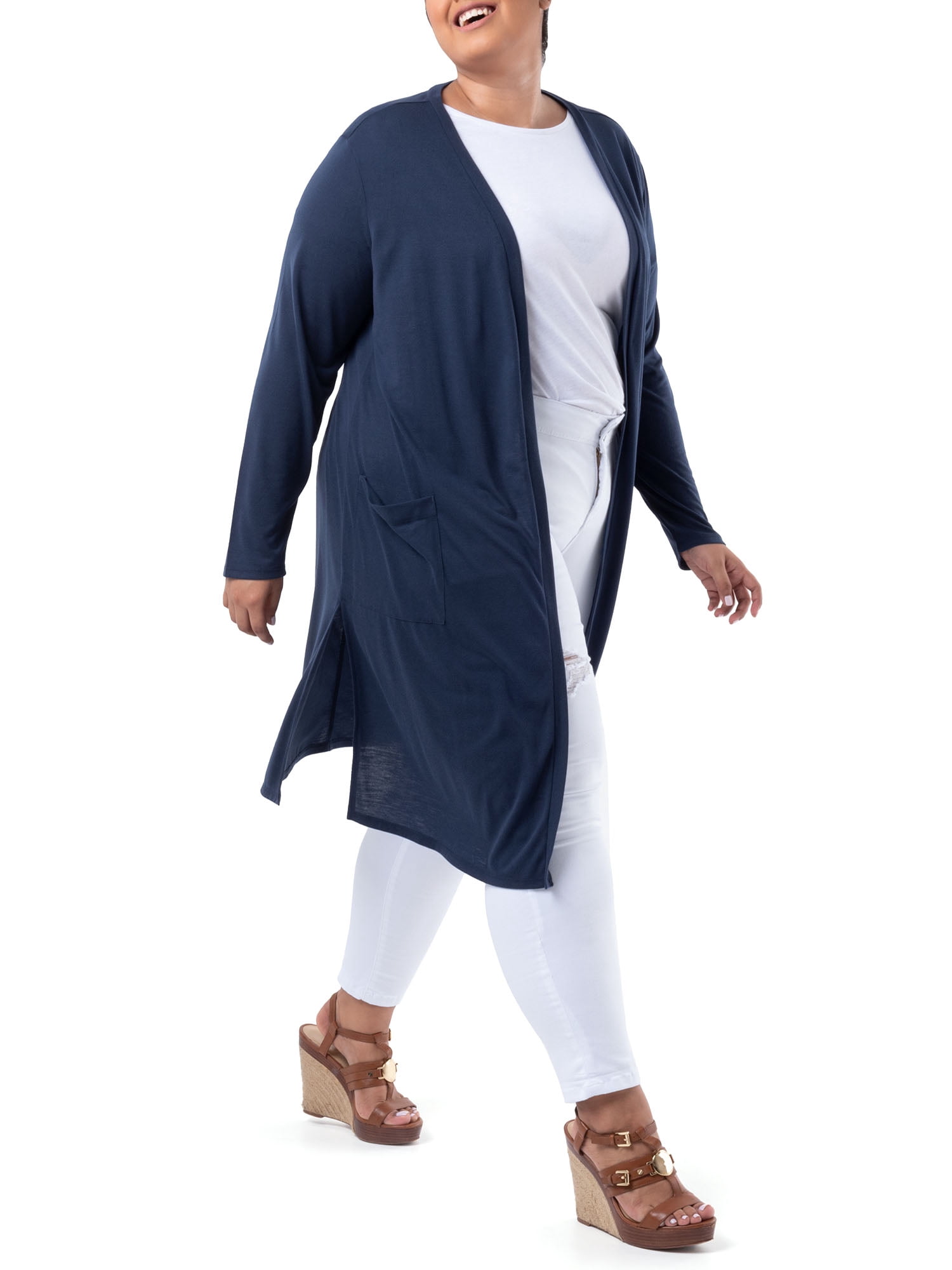 Wright's Women's Plus Size Long Sleeve Open Front Pocket Jersey Duster Cardigan, 1X-5X