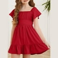 thumbnail image 2 of Mlqidk Girls Bow Tie Back Dress Ruffle Sleeve Dress A-Line Swing Square Neck Midi Dresses Casual Party Sundress Red 4-5Y, 2 of 7