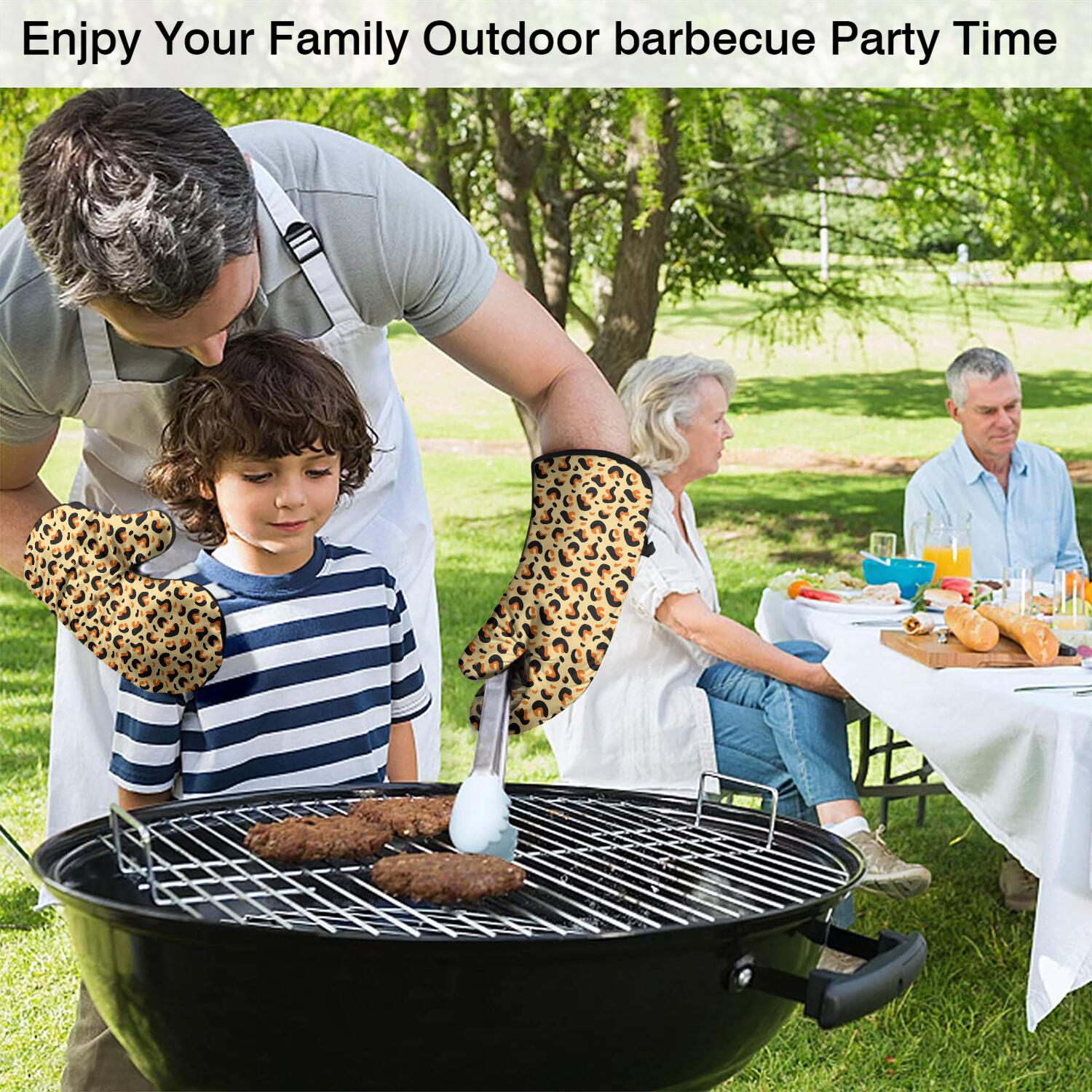 Leopard Print Oven Mitts and Pot Holders Set Of 4, Heat Resistant Kitchen Gloves with Non-Slip Grip, Hanging Loop, Soft Cotton Lining for Baking, Cooking, Grilling, Barbecue