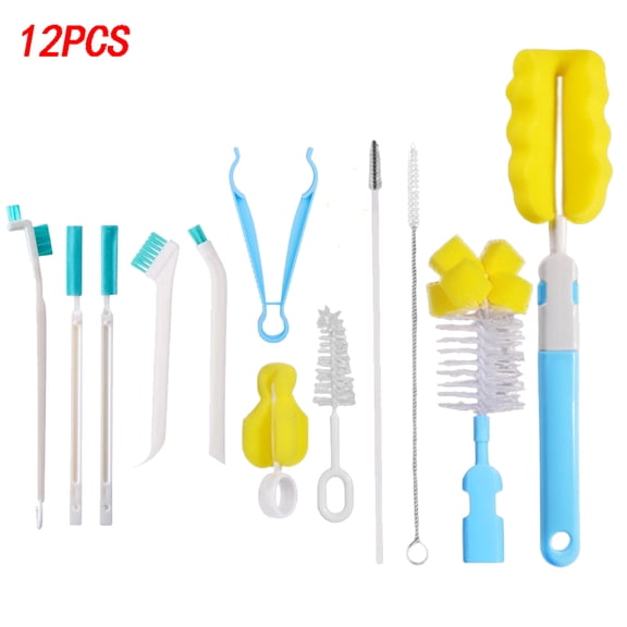 POINTERTECK 12 Pcs Baby Bottle Cleaning Brush Tool, 360 Degrees Rotating Sponge Cup Brush Kit for Baby Bottle Straw Nipple Washing Cleaning