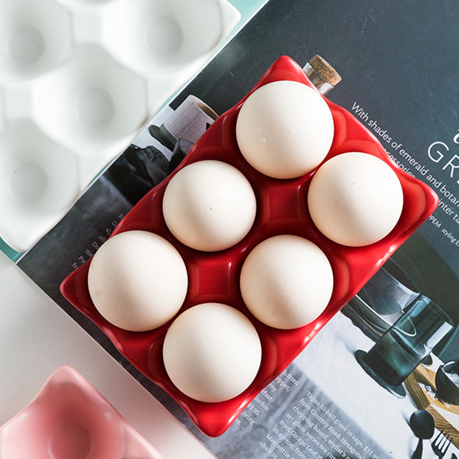 SPRING PARK 6 Grids Ceramic Egg Holder, Chicken Egg Trays, Egg Storage Organizer For Refrigerator Countertop Display