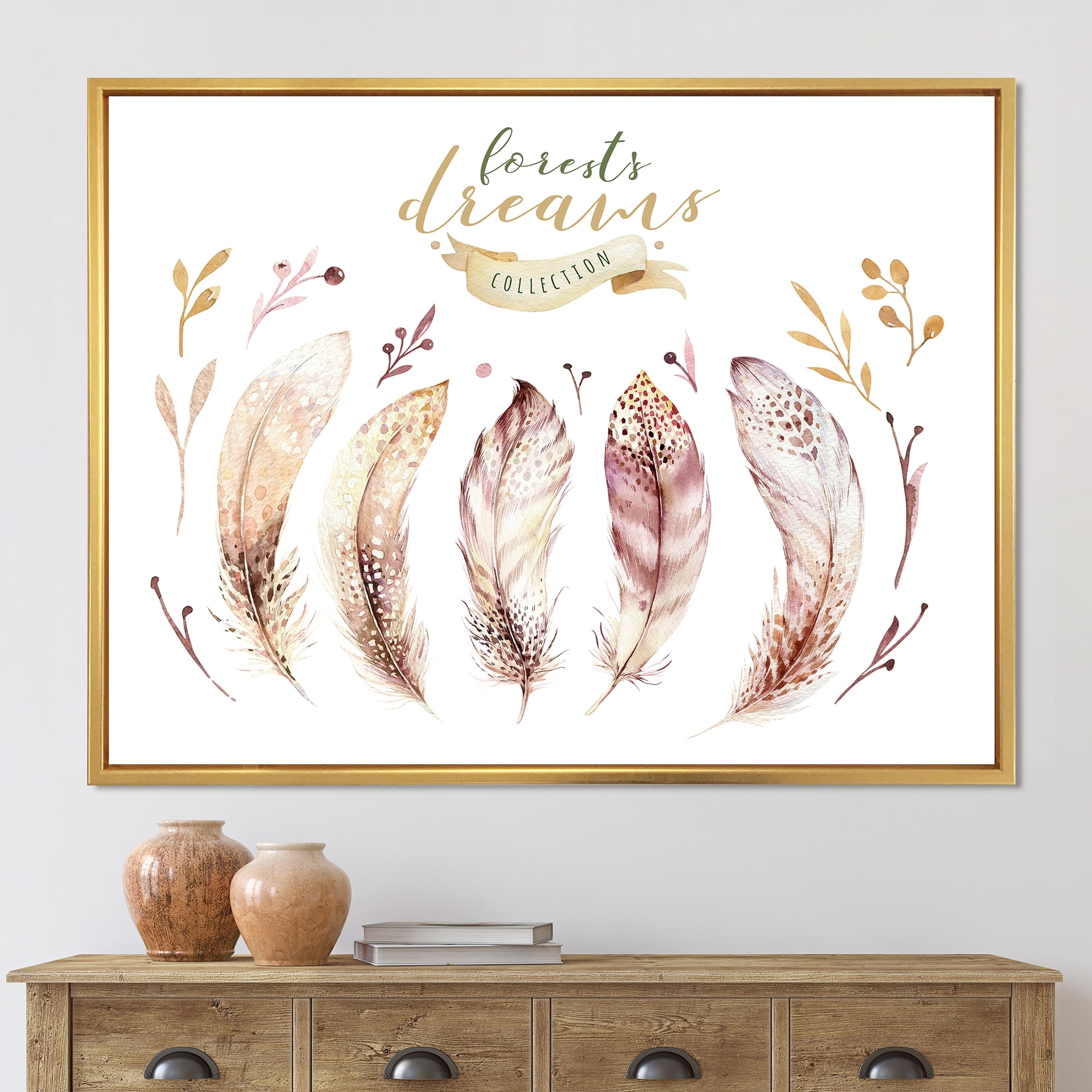 Designart 'Vital Feathers In Ethnic Boho Style' Bohemian & Eclectic Framed Canvas Wall Art Print