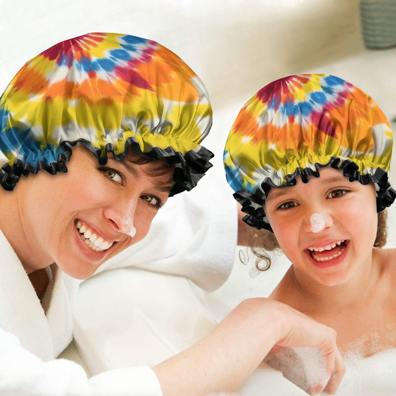 Shower Caps,Vibrant Tie Dye Spiral Waterproof Shower Cap for Women 4 Pieces,Double Reusable Hair Cover for Shower PEVA Elastic Stretch Hem