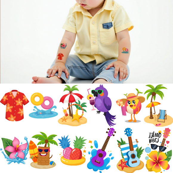 54 Temporary Tattoo Stickers Waterproof Long-lasting Body Stickers Hawaiian Beach Coconut Tree Ice Cream Swim Ring Kids Boys Girls Tattoo Stickers Arm Arm Forearm Shoulder Cheeks