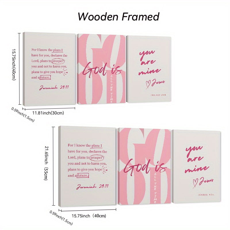 3pcs Trendy Pink Girly Christian God Is Good All The Time Wooden Framed Canvas Painting, Wall Art, Living Room Decoration Bedroom Home Decor, Bedroom Artwork, Modern Wall Painting, Girly Aesthetic,