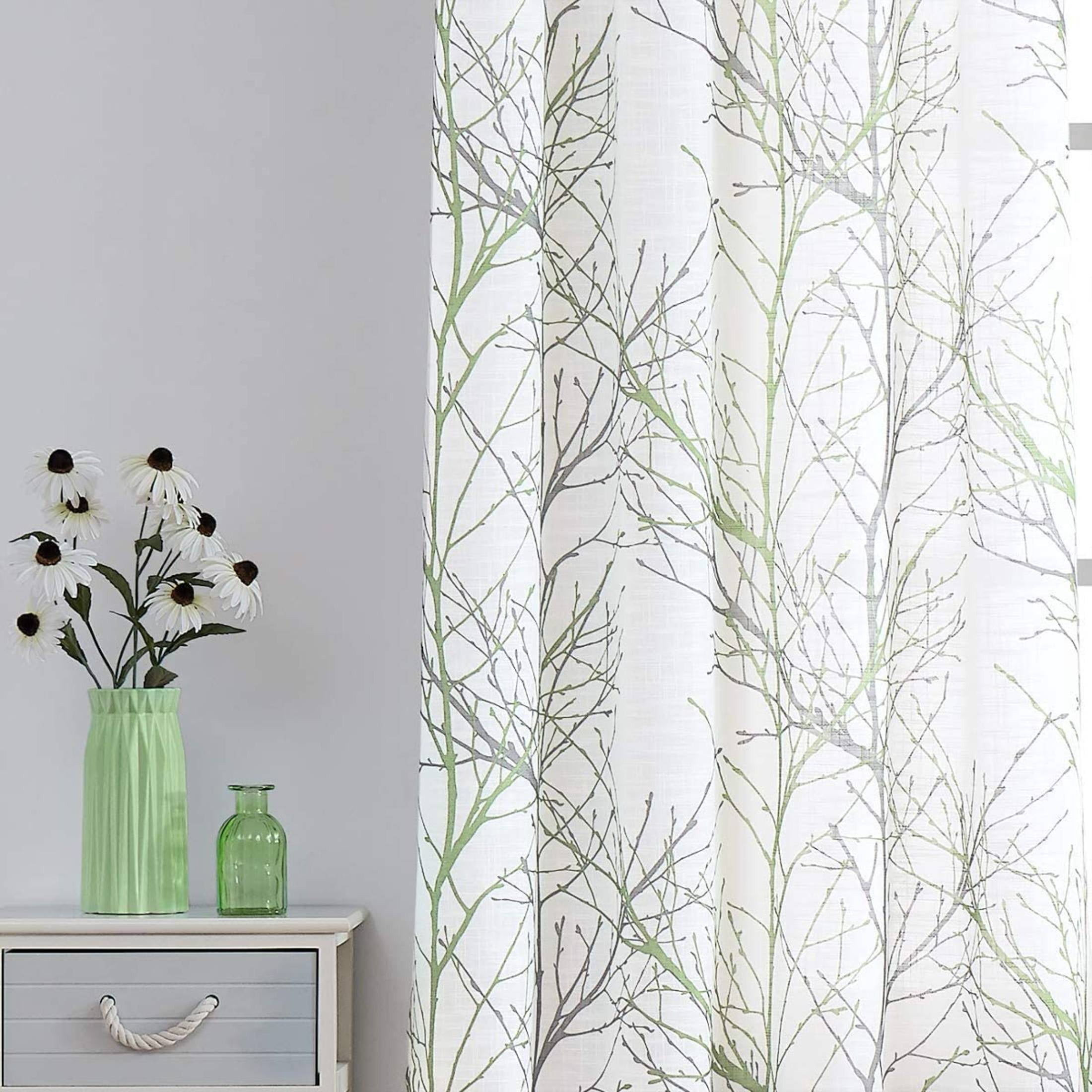 Decoultimatex White Semi Sheer Curtains Green and Grey Branches Printing on Linen Textured White Window Treatment Panels for Living Room Bedroom Drapes, 50"x96"x2