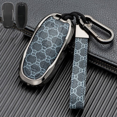 Car Key Fob Cover Case Protector Zinc Alloy Leather Car Smart Remote Key Fob Case Cover Bag For Tesla Model S 3