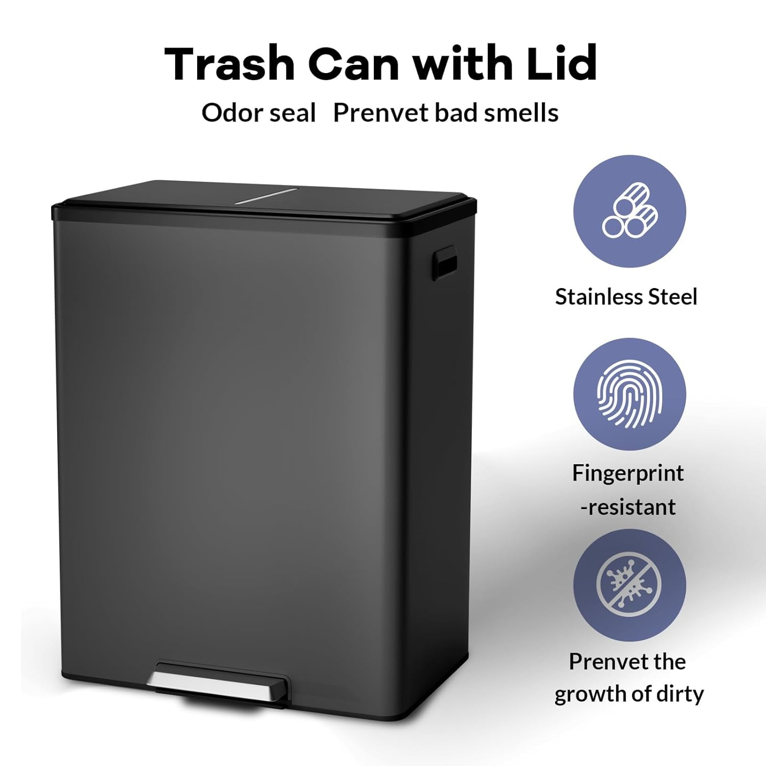 16 Gallon Kitchen Trash Can, 30L+30L Step Dual Recycling Bin with 2 Removable Barrel, Wide Step Pedal, Soft Close Lid, Large Stainless Steel Garbage Can for Home and Office
