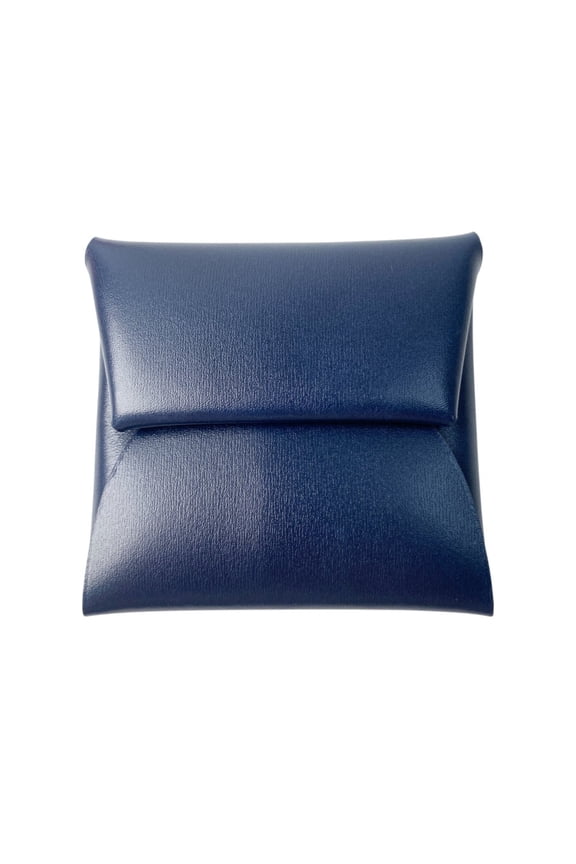 Pre-Owned Hermes Herms Bastia Box Calf Leather Wallet/Coin Case, Navy Blue, W MZ...