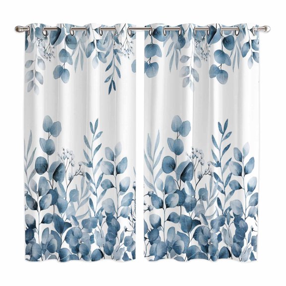 Blue Eucalyptus Leaves Kitchen Curtains Window Panels, Watercolor Spring Summer Botanical Insulated Window Treatment Curtain, Grommet Curtains for Bedroom/Living Room/Bathroom, 2 Piece 52"Wx84"L